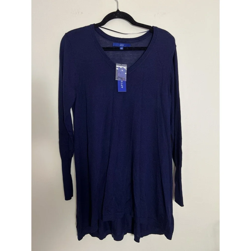 Apt.9 Womens Long Sleeve Top Navy Blue Large Soft Casual Outdoor V-Neck Stretchy